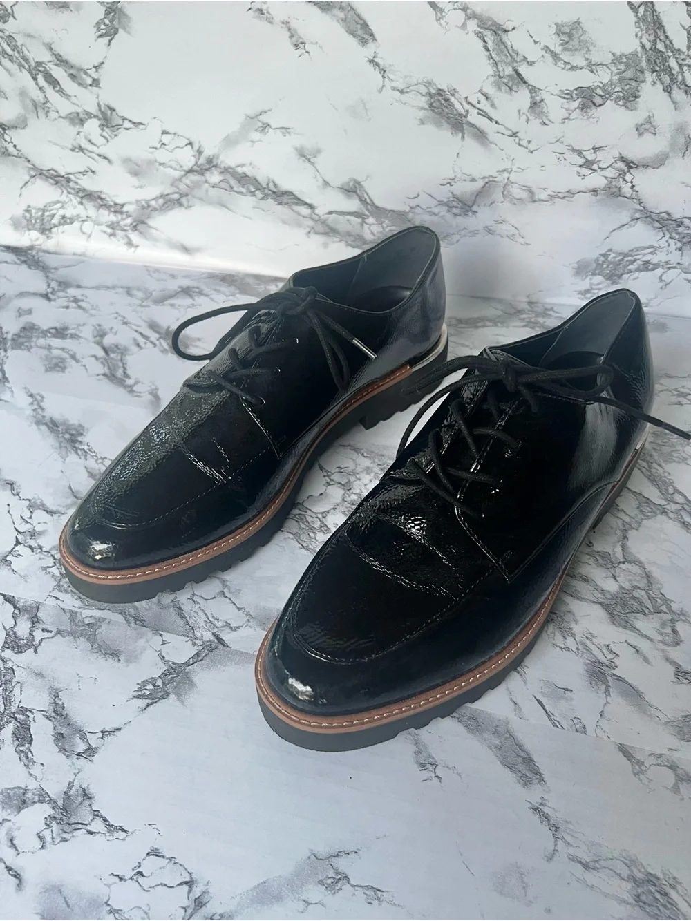 Franco Sarto Charles Black Patent Derby Lug Sole Shoe 11 Preppy Quiet Luxury